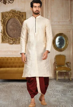 Solid Color Dupion Silk Dhoti Kurta in Light Beige