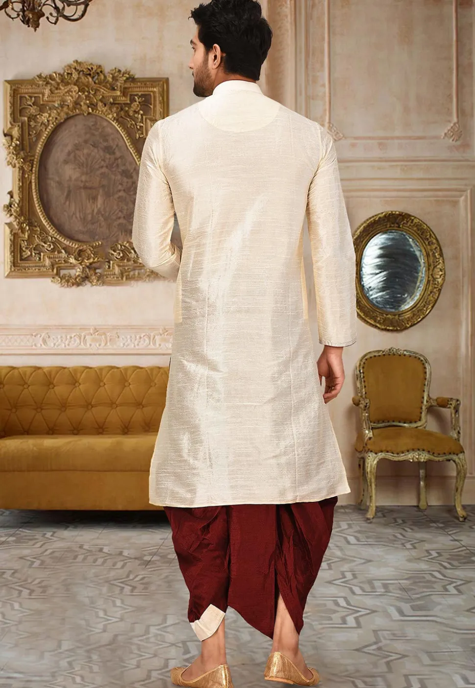 Solid Color Dupion Silk Dhoti Kurta in Light Beige