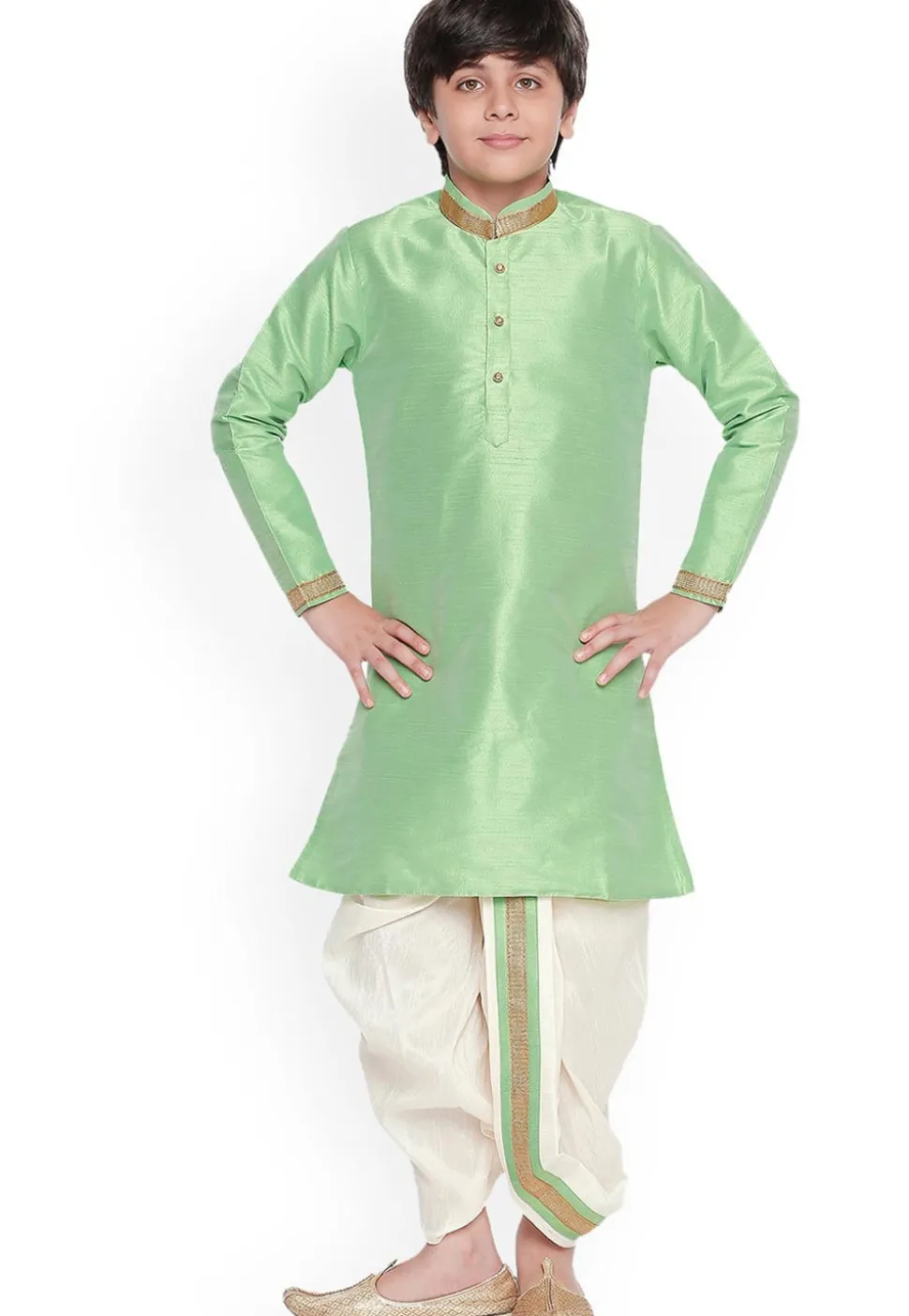 Solid Color Dupion Silk Dhoti Kurta in Pastel Green