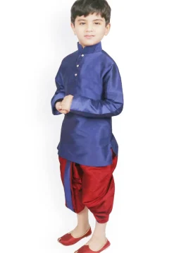 Solid Color Dupion Silk Dhoti Kurta Set in Royal Blue