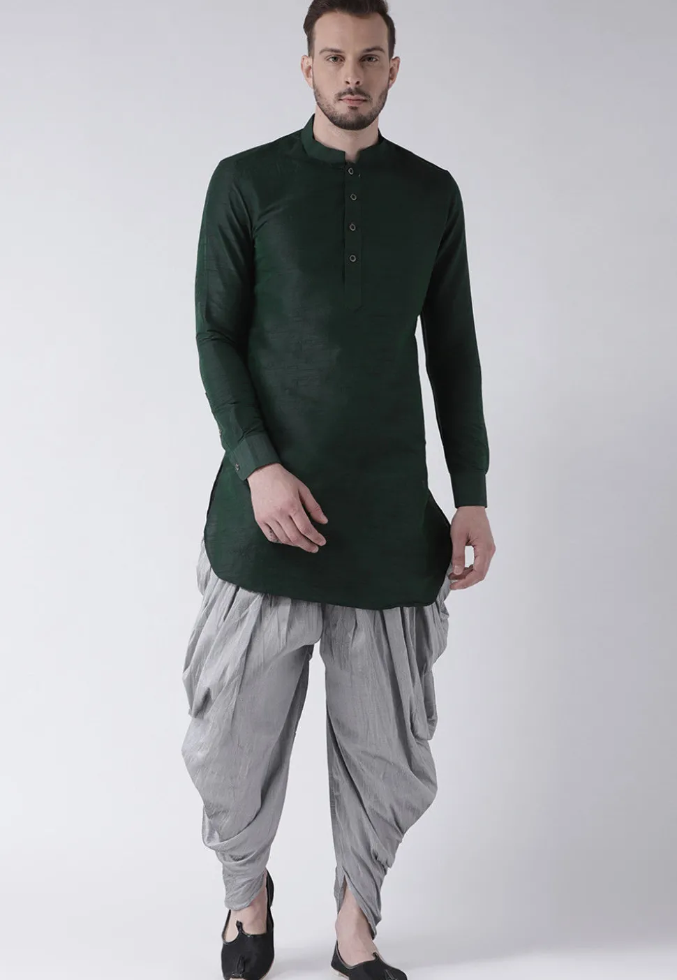 Solid Color Dupion Silk Dhoti Kurta in Dark Green