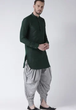 Solid Color Dupion Silk Dhoti Kurta in Dark Green
