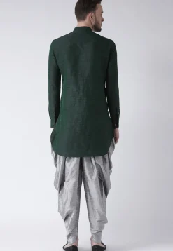 Solid Color Dupion Silk Dhoti Kurta in Dark Green