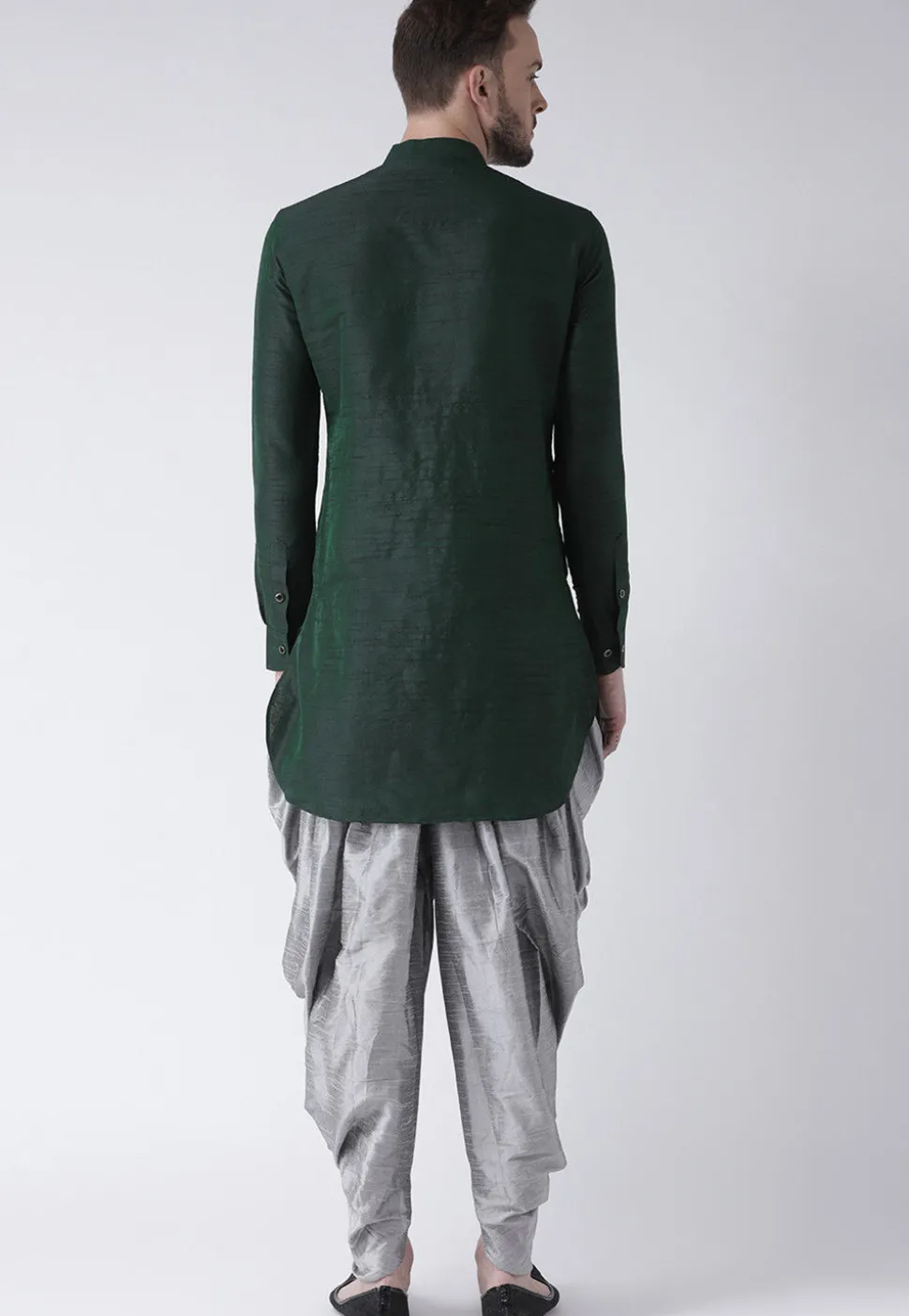 Solid Color Dupion Silk Dhoti Kurta in Dark Green