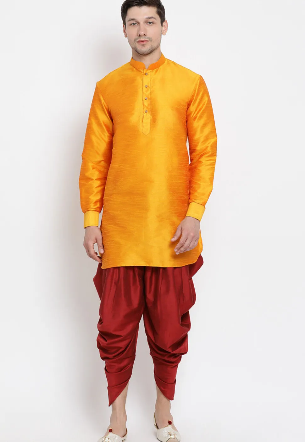 Solid Color Dupion Silk Dhoti Kurta in Mustard