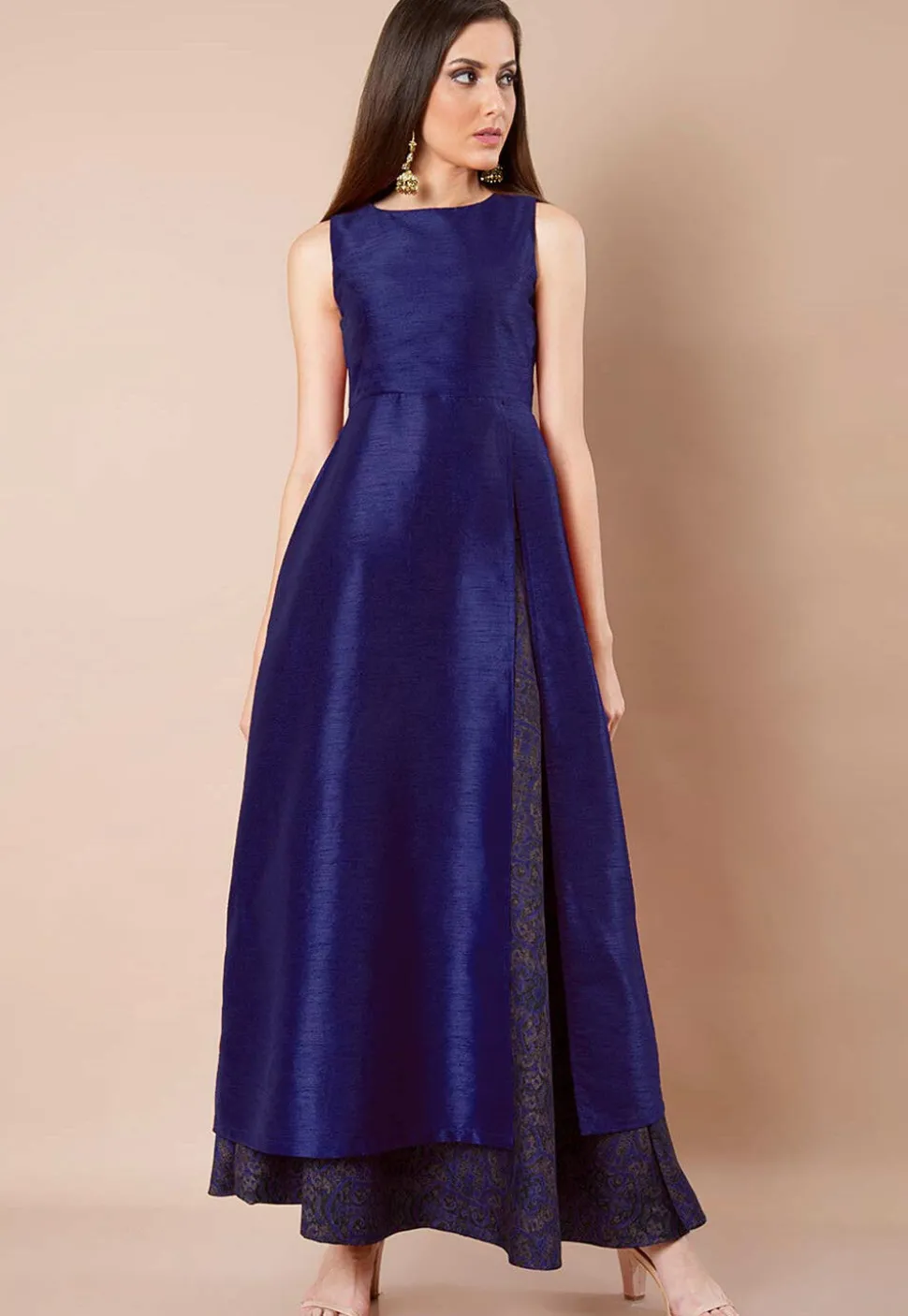 Solid Color Dupion Silk Front Slit Kurta in Navy Blue