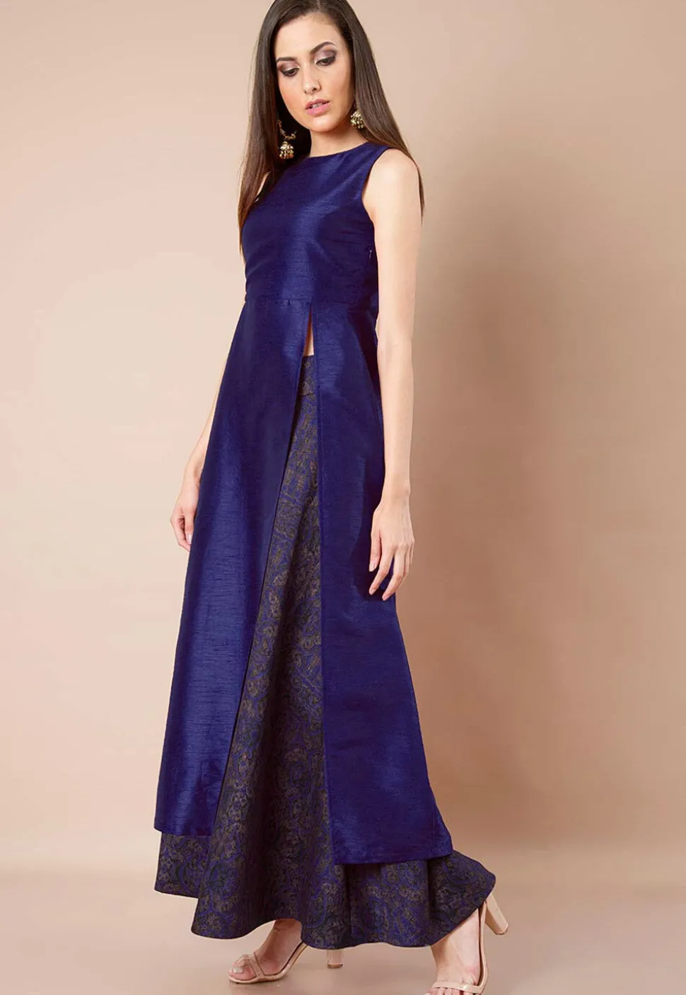 Solid Color Dupion Silk Front Slit Kurta in Navy Blue