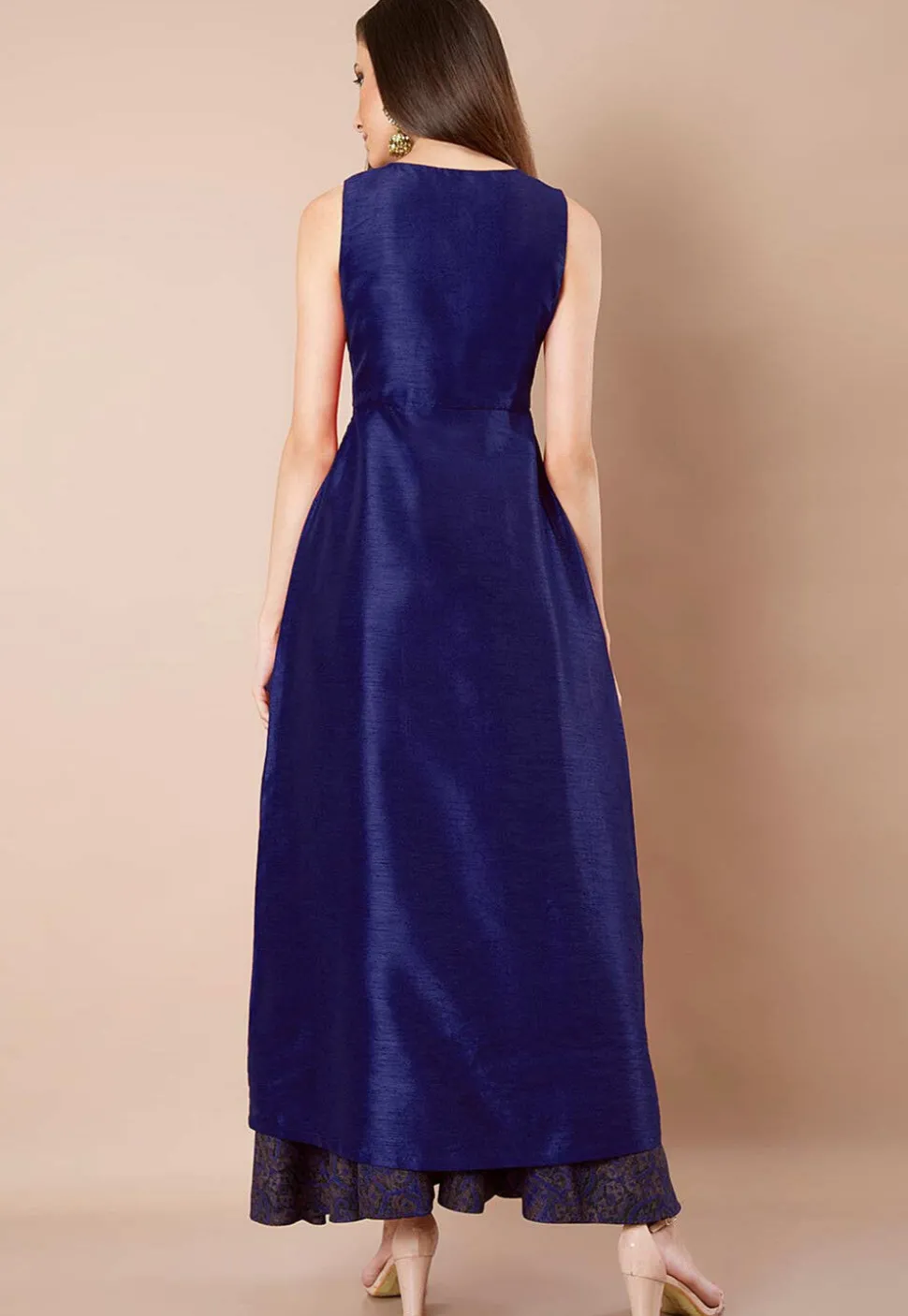 Solid Color Dupion Silk Front Slit Kurta in Navy Blue