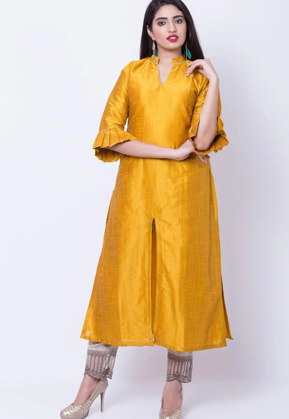 Solid Color Dupion Silk Front Slit Kurta in Mustard