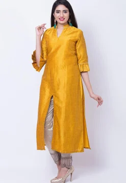 Solid Color Dupion Silk Front Slit Kurta in Mustard