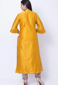 Solid Color Dupion Silk Front Slit Kurta in Mustard