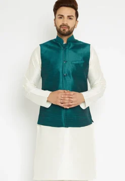 Solid Color Dupion Silk Jacket in Dark Teal Green