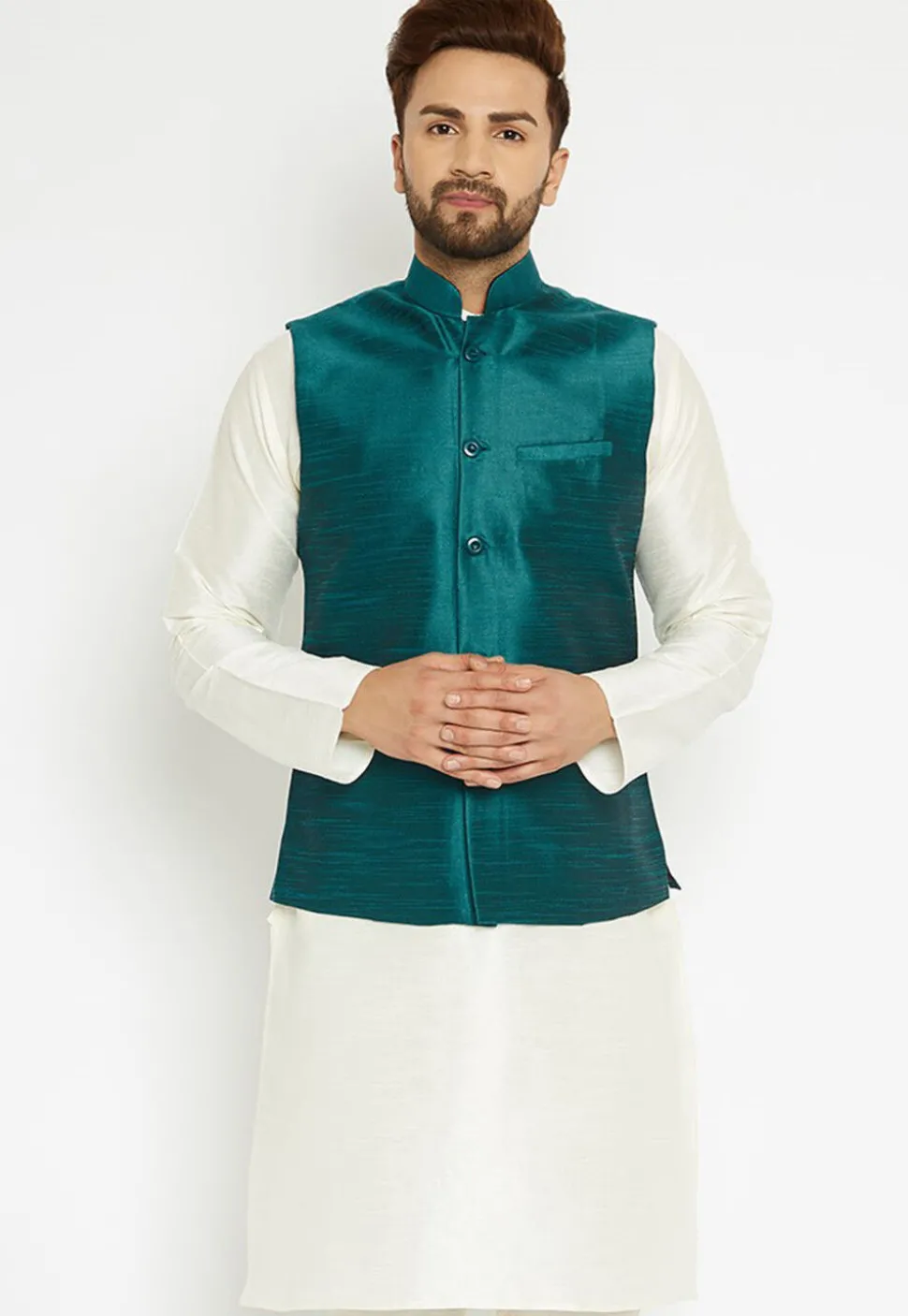 Solid Color Dupion Silk Jacket in Dark Teal Green