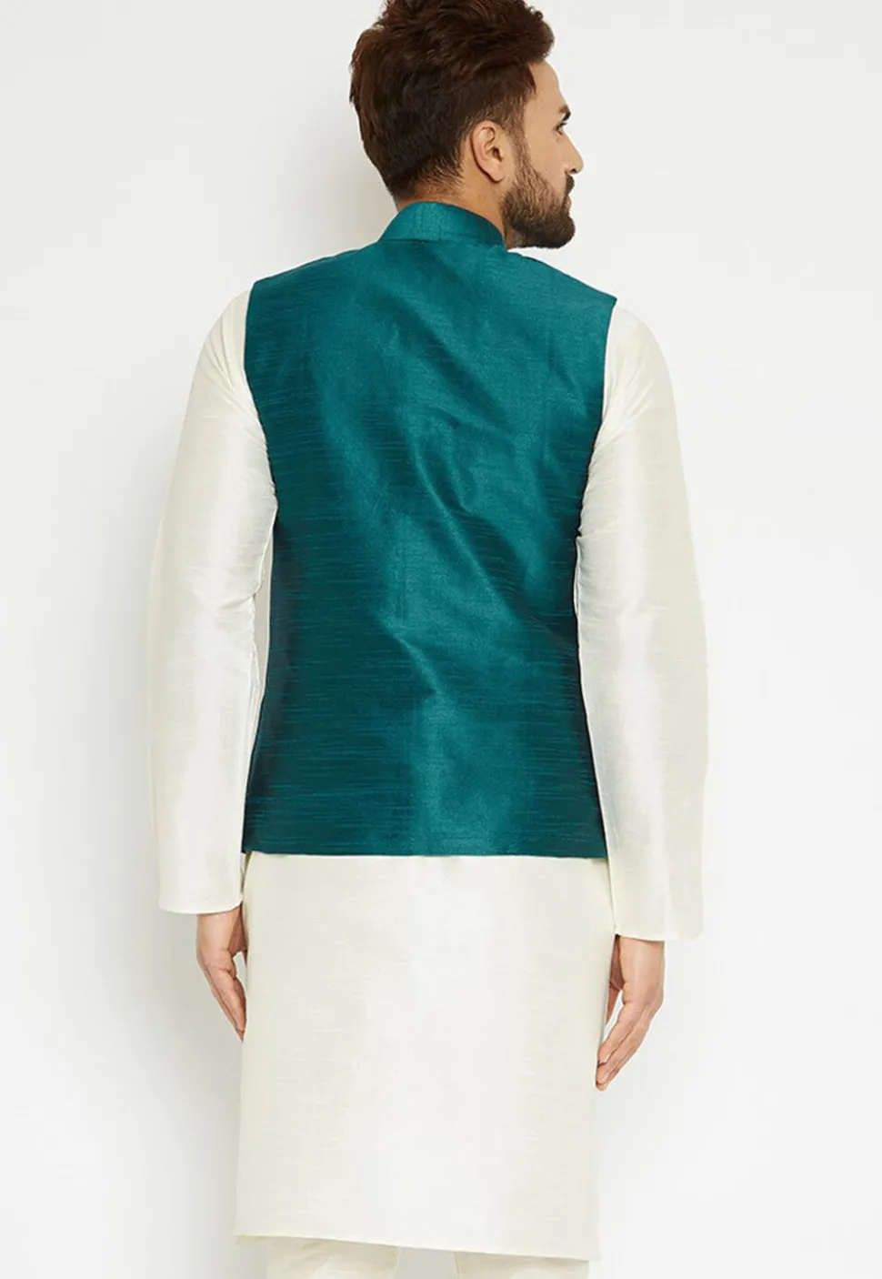 Solid Color Dupion Silk Jacket in Dark Teal Green