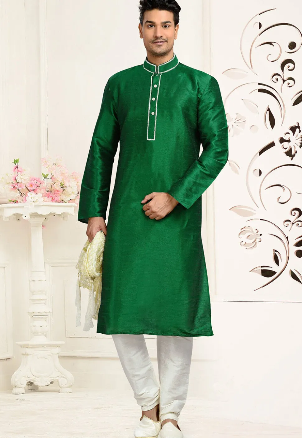 Solid Color Dupion Silk Kurta Set in Dark Green