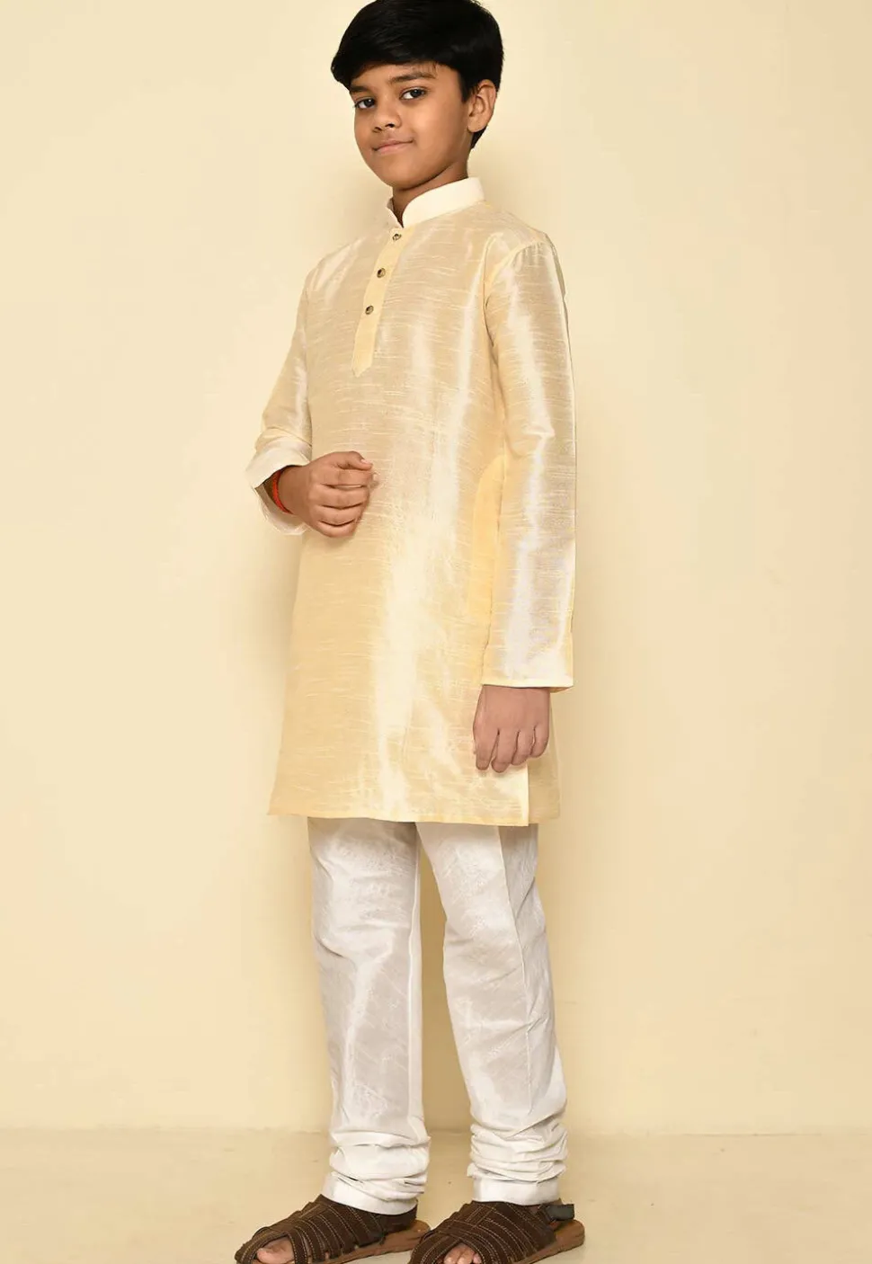 Solid Color Dupion Silk Kurta Set in Light Beige