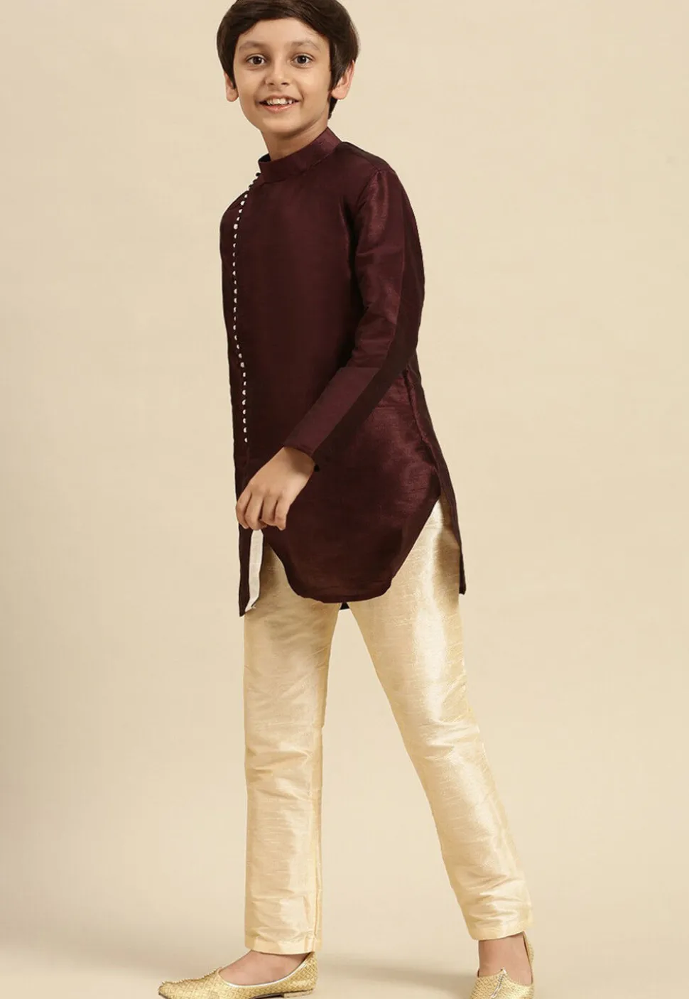 Solid Color Dupion Silk Kurta Pyjama Set in Wine