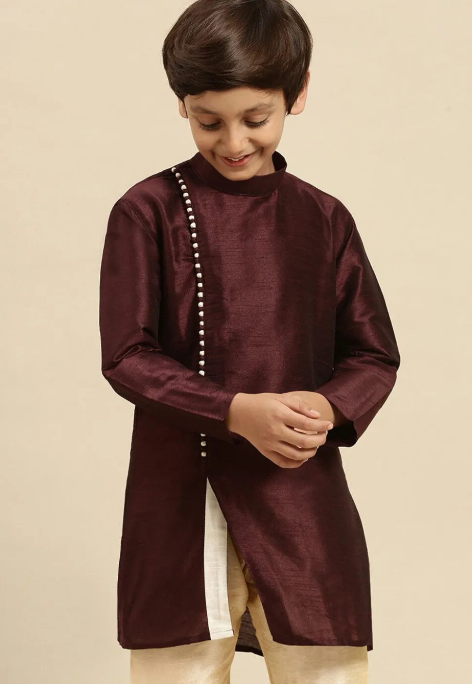 Solid Color Dupion Silk Kurta Pyjama Set in Wine