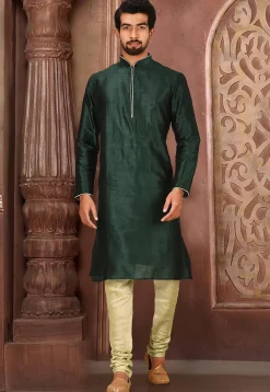 Solid Color Dupion Silk Kurta Set in Dark Green