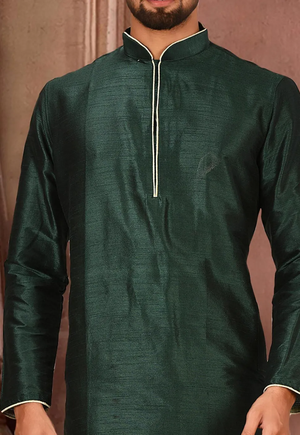 Solid Color Dupion Silk Kurta Set in Dark Green