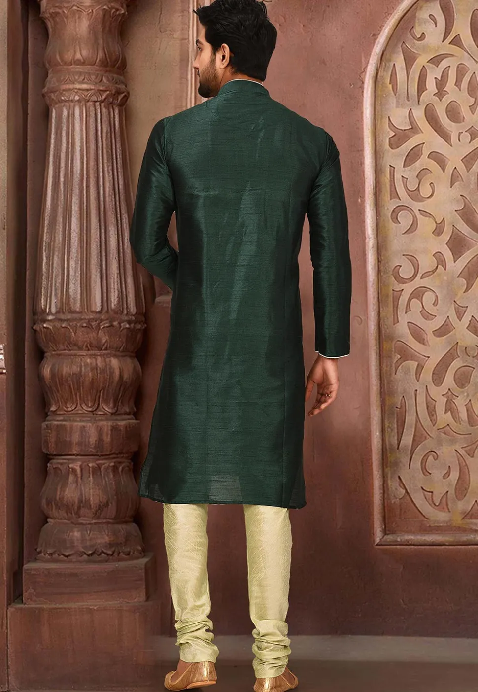 Solid Color Dupion Silk Kurta Set in Dark Green