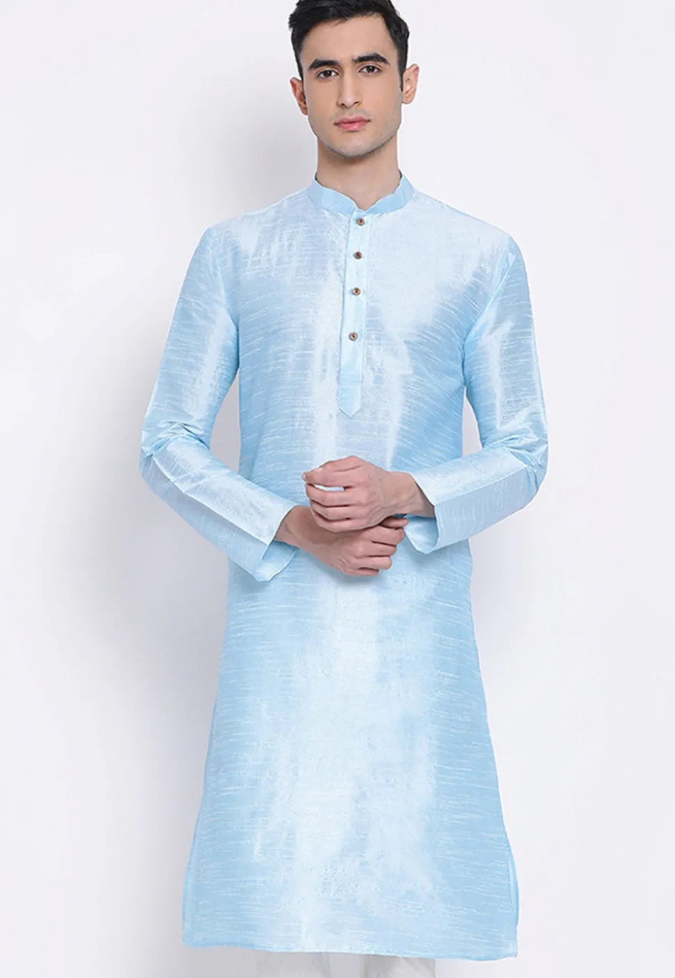 Solid Color Dupion Silk Kurta in Sky Blue