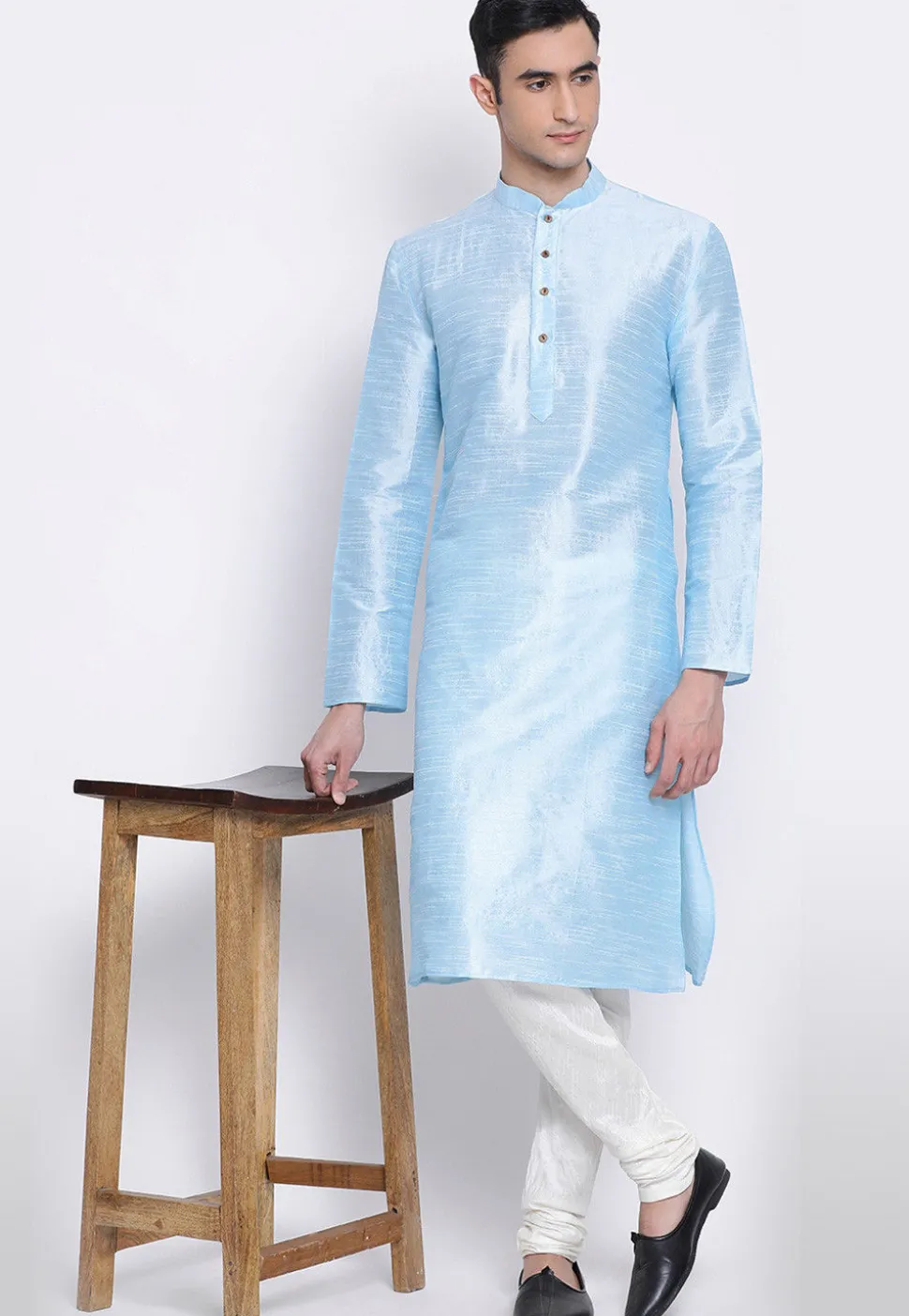 Solid Color Dupion Silk Kurta in Sky Blue