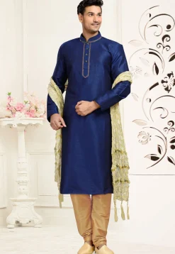 Solid Color Dupion Silk Kurta Set in Navy Blue