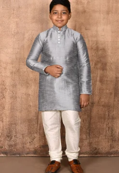 Solid Color Dupion Silk Kurta in Grey