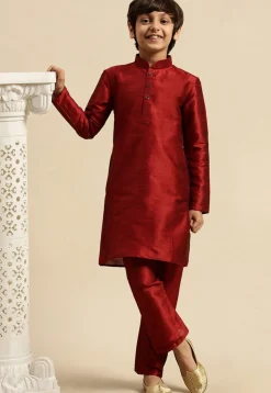 Solid Color Dupion Silk Kurta Pyjama Set in Maroon