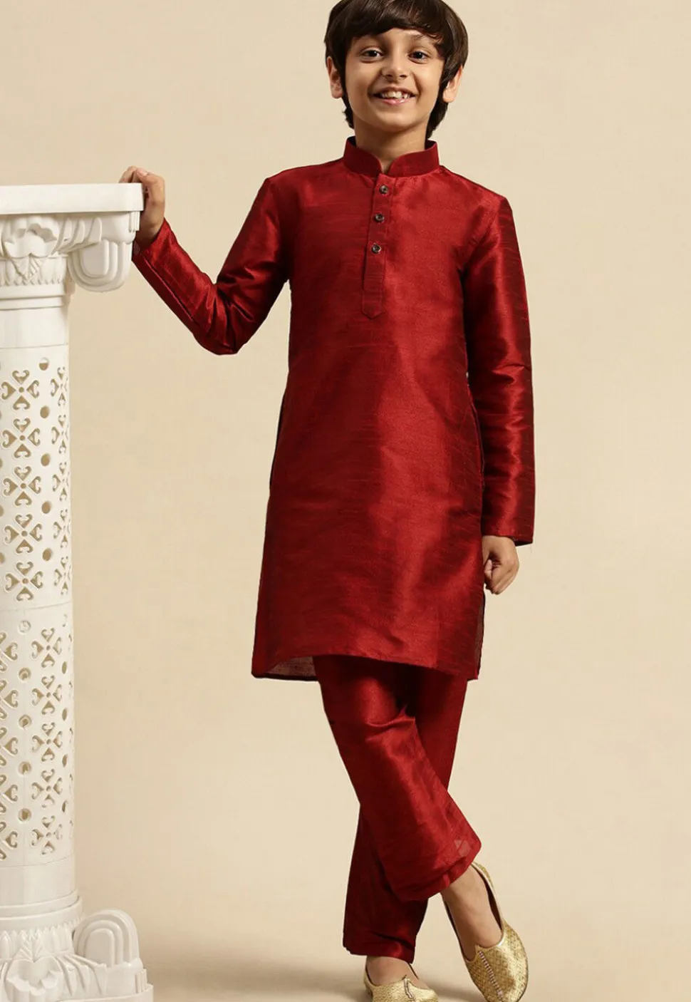 Solid Color Dupion Silk Kurta Pyjama Set in Maroon