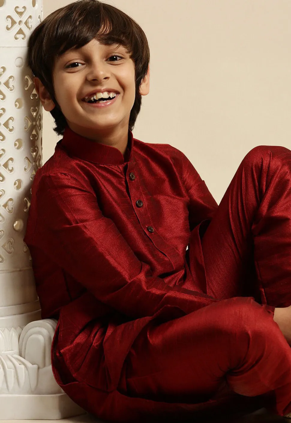 Solid Color Dupion Silk Kurta Pyjama Set in Maroon