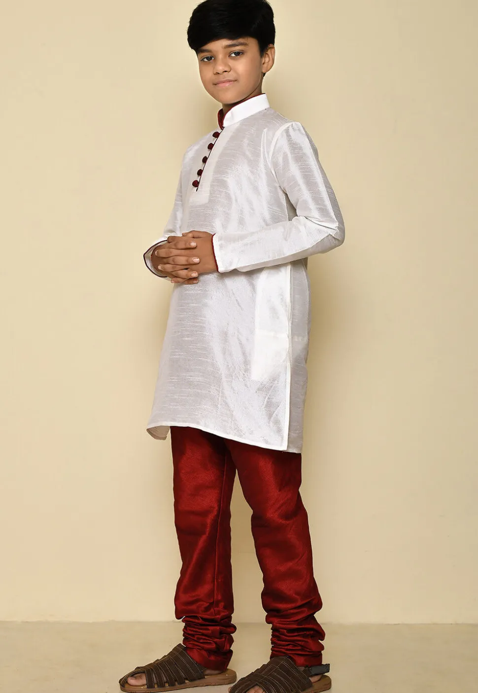 Solid Color Dupion Silk Kurta Set in White