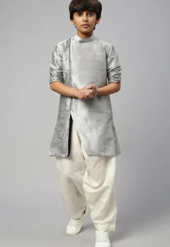 Solid Color Dupion Silk Kurta Dhoti Set in Grey