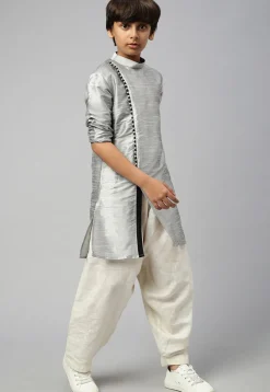 Solid Color Dupion Silk Kurta Dhoti Set in Grey