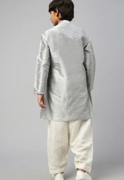 Solid Color Dupion Silk Kurta Dhoti Set in Grey