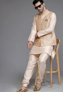 Solid Color Dupion Silk Kurta Set in Light Beige