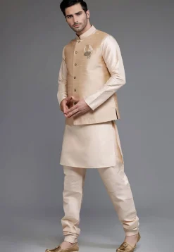 Solid Color Dupion Silk Kurta Set in Light Beige