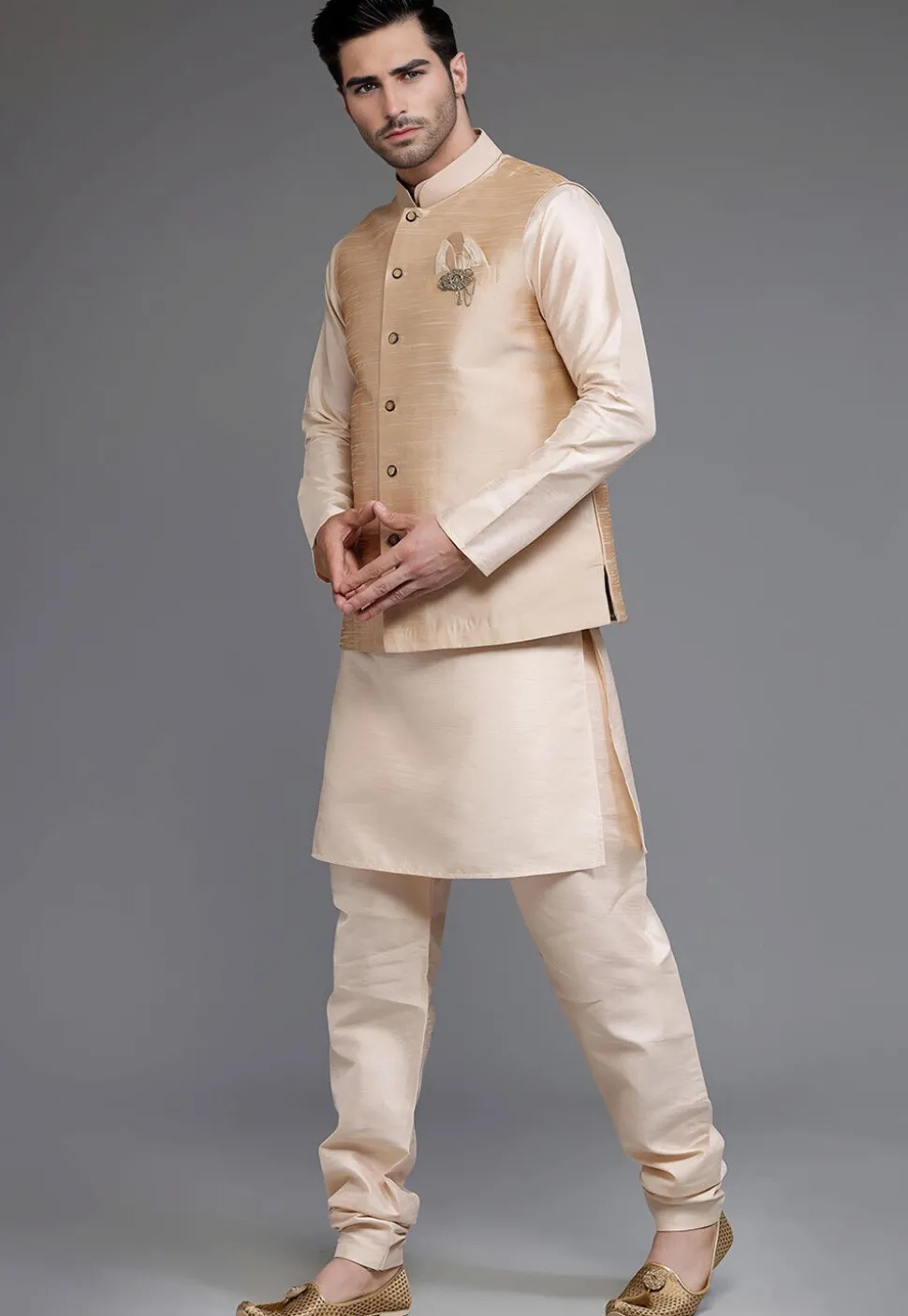 Solid Color Dupion Silk Kurta Set in Light Beige