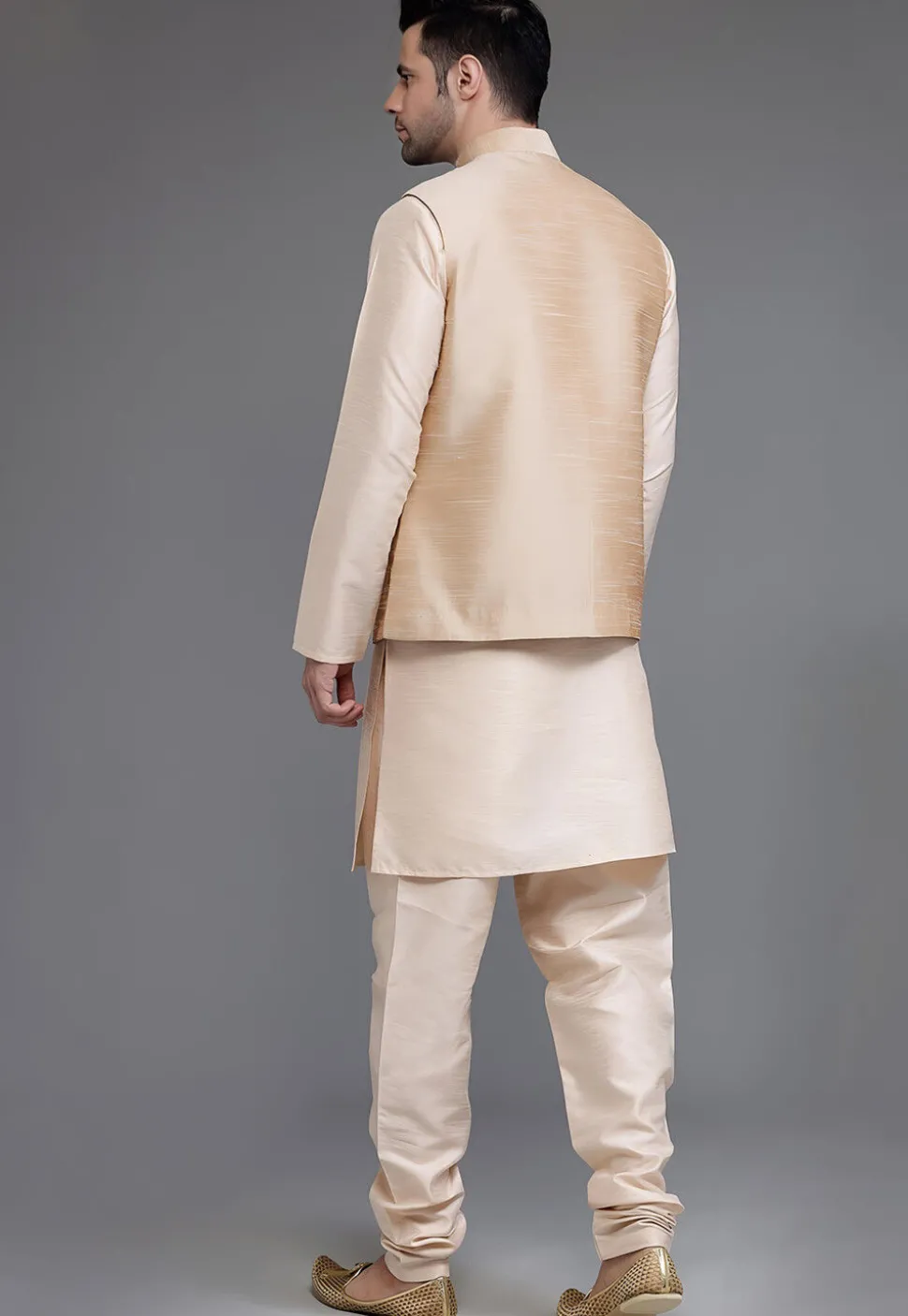 Solid Color Dupion Silk Kurta Set in Light Beige