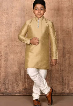 Solid Color Dupion Silk Kurta Set in Dark Beige
