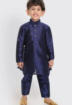 Solid Color Dupion Silk Kurta Set in Navy Blue