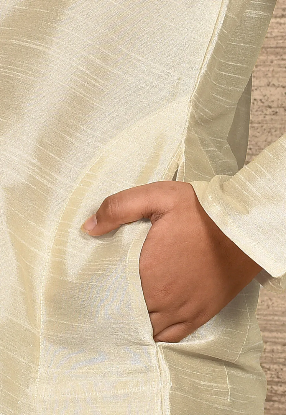 Solid Color Dupion Silk Kurta Set in Light Beige