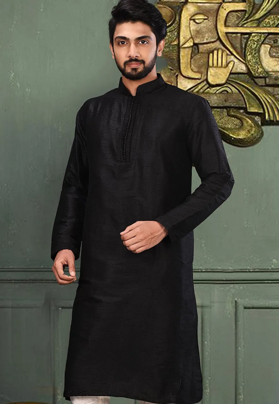 Solid Color Dupion Silk Kurta in Black