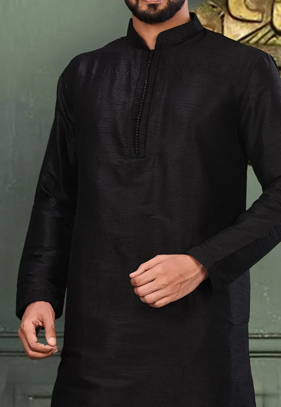 Solid Color Dupion Silk Kurta in Black