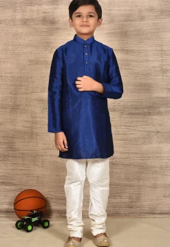 Solid Color Dupion Silk Kurta Set in Navy Blue
