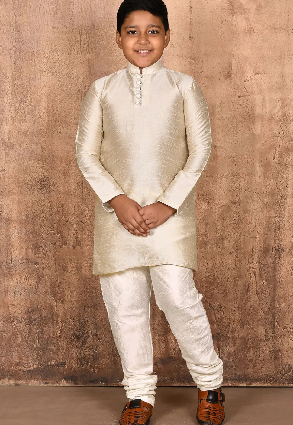 Solid Color Dupion Silk Kurta Set in Light Beige