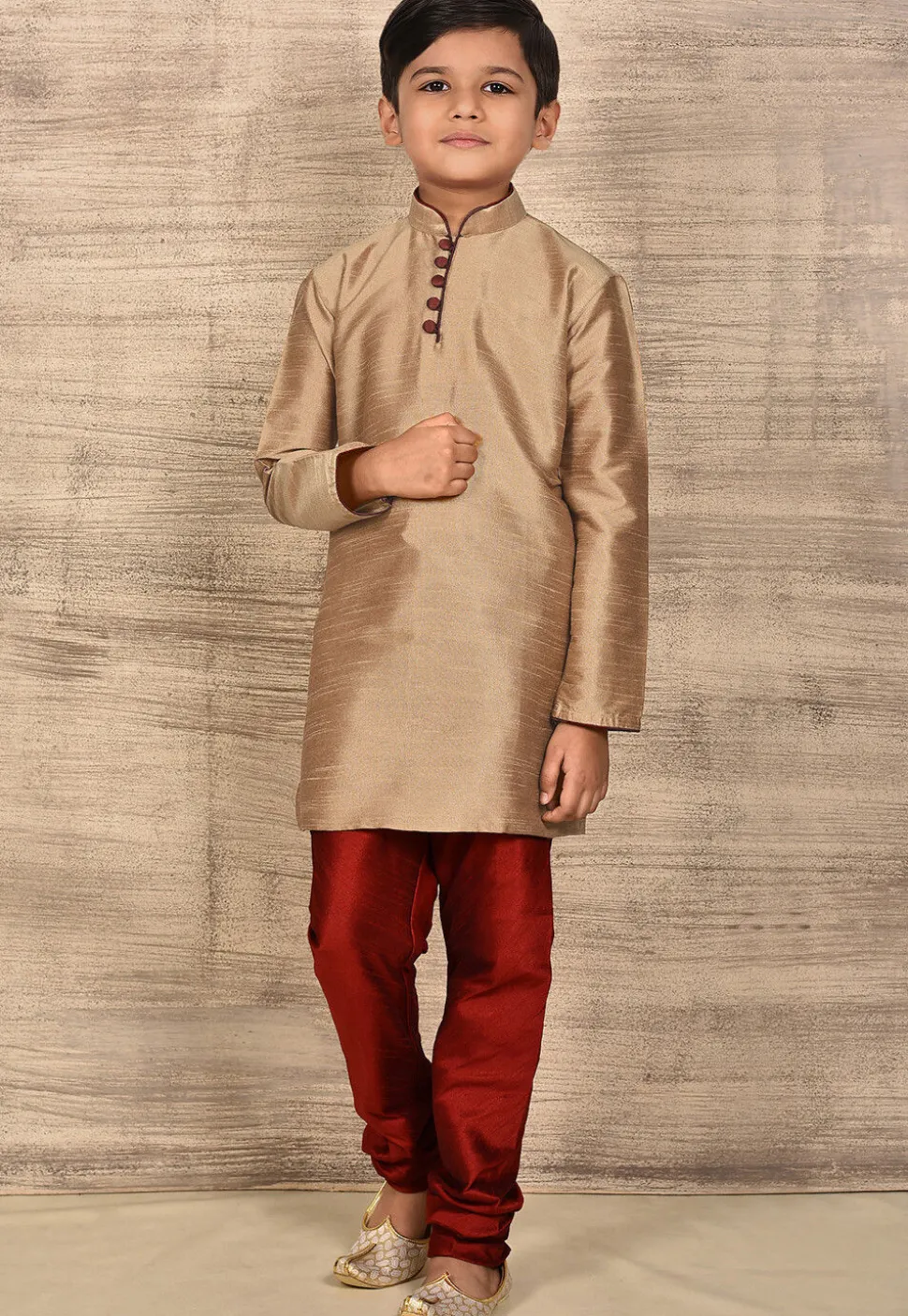 Solid Color Dupion Silk Kurta Set in Beige