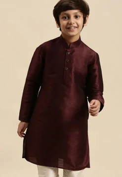 Solid Color Dupion Silk Kurta Pyjama Set in Wine