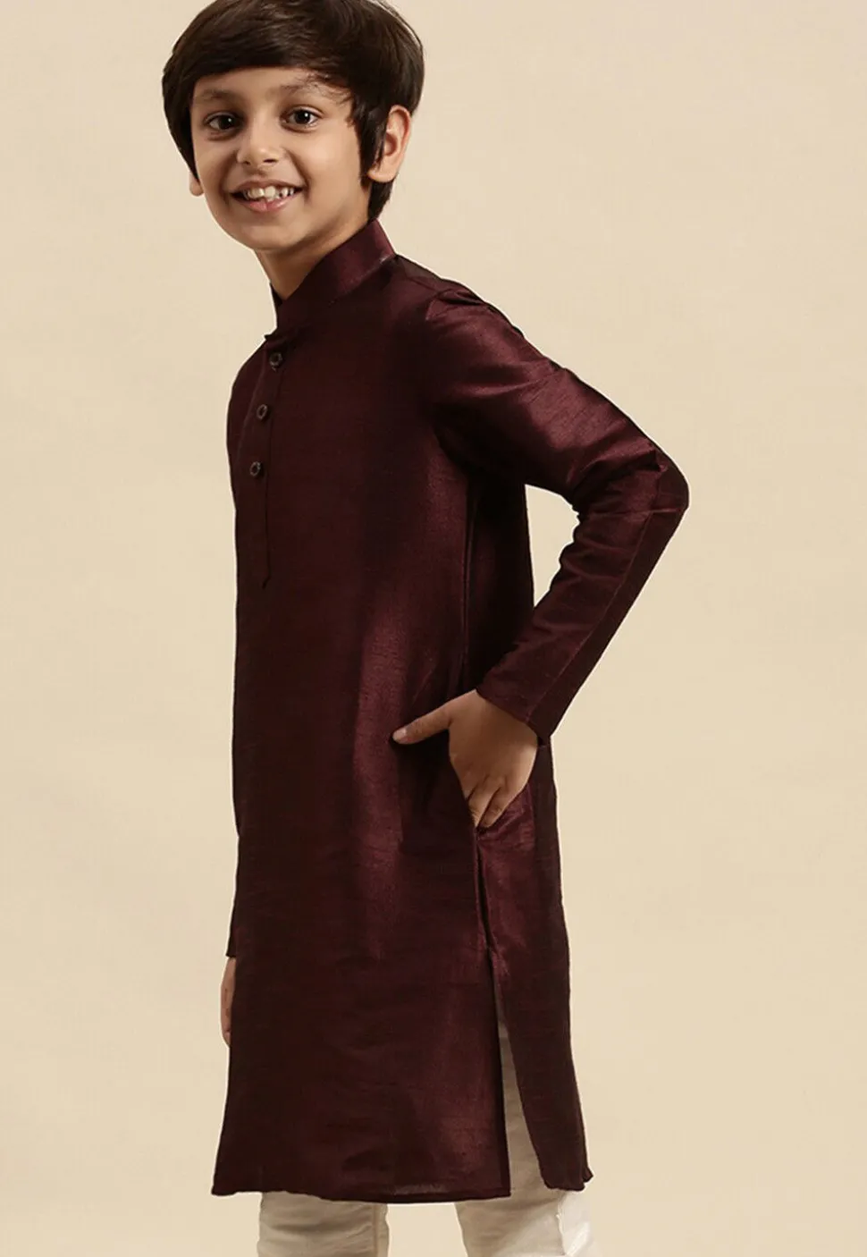 Solid Color Dupion Silk Kurta Pyjama Set in Wine